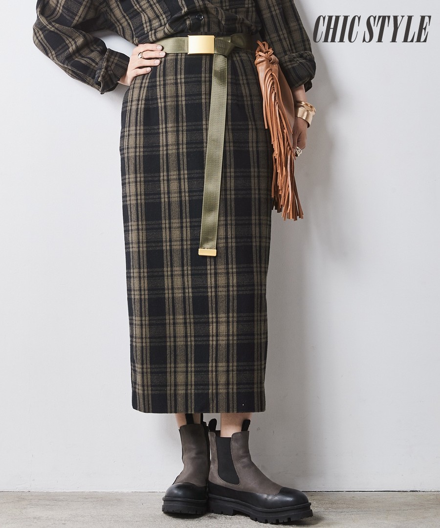 nissen 100%純棉格紋緊身長裙(CHIC STYLE) (日本女裝大尺碼) NSAMR0124E0015 FW24