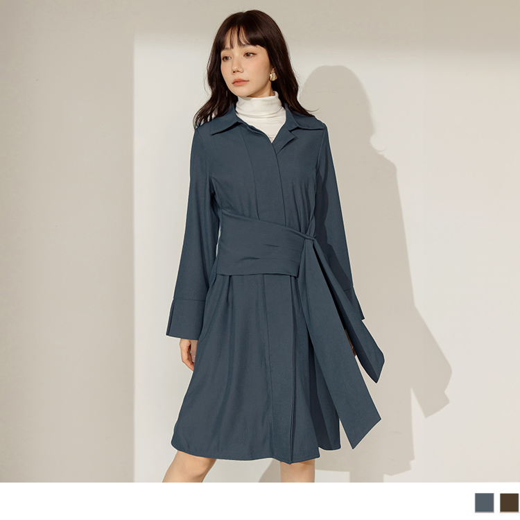 OB 翻領開襟腰封帶長袖連身裙 OBDA10187 FW24