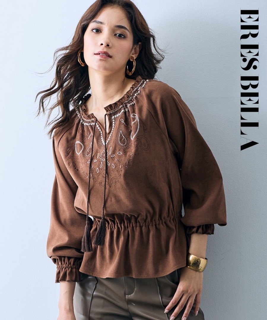 nissen 桃拉絨民族風刺繡寬下擺上衣(ERES BELLA) (日本女裝大尺碼) NSCZU0124D0020 FW24