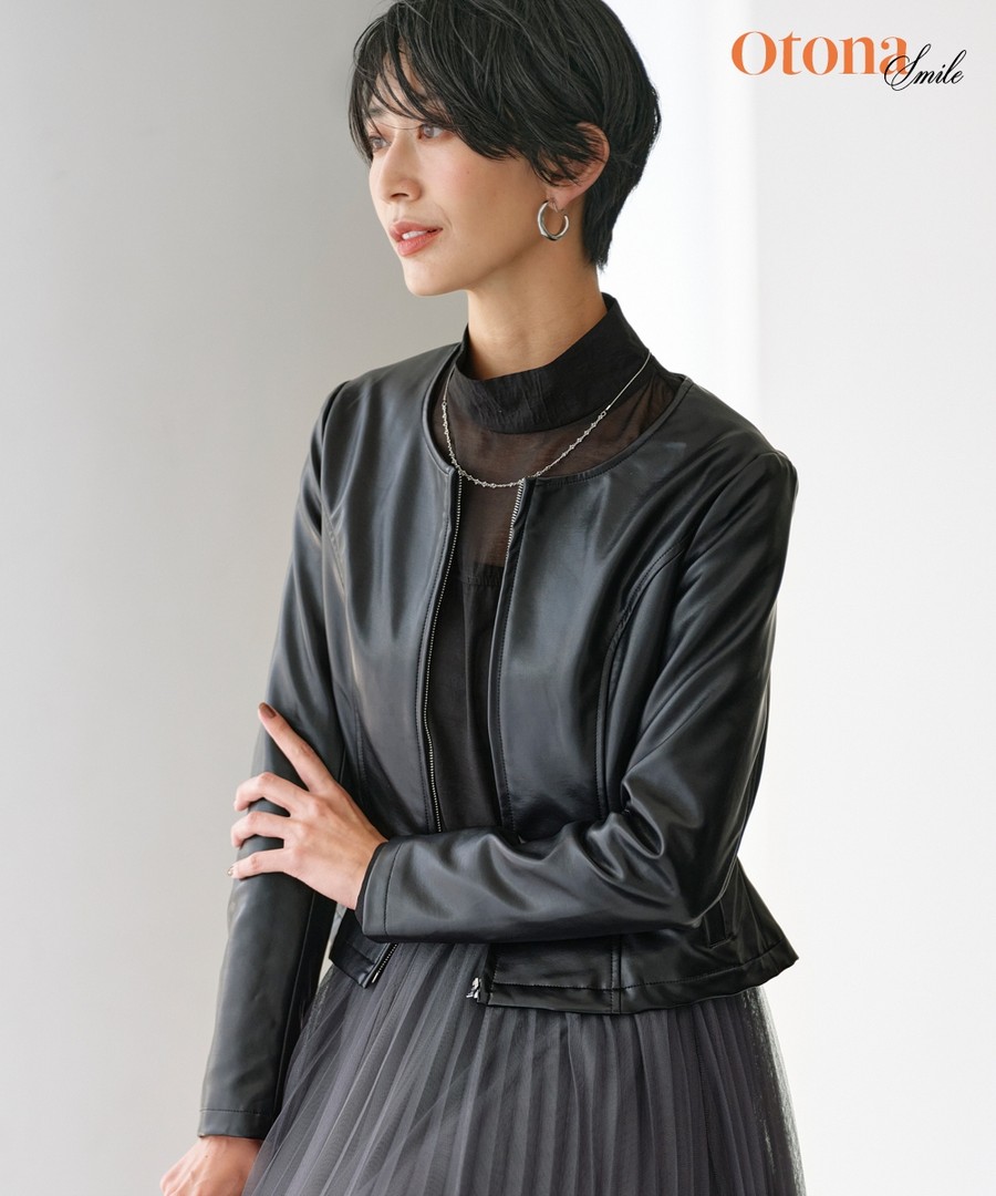 nissen 人造皮革無領外套(Otona SMILE) (日本女裝大尺碼) NSAMR0124E0009 FW24