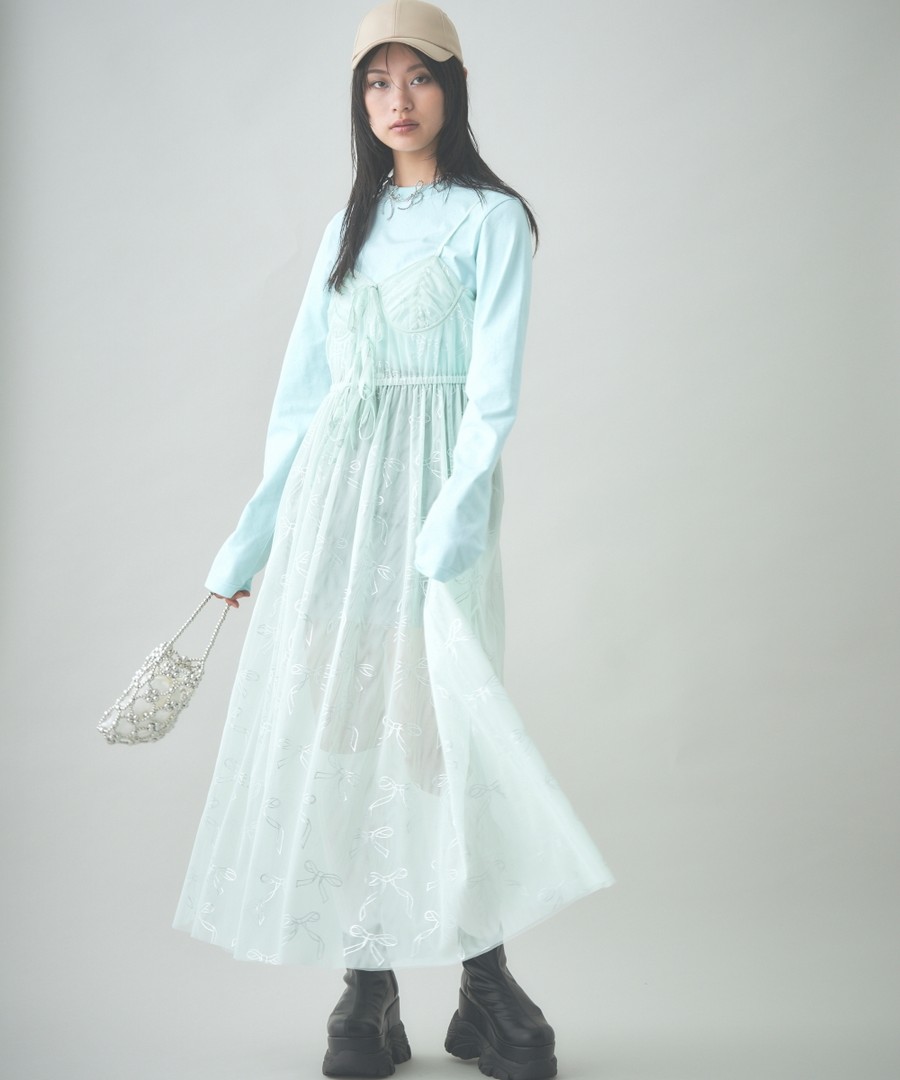 nissen 蝴蝶結印花薄紗吊帶連身裙 (日本女裝大尺碼) NSBLJ0324E0015 FW24
