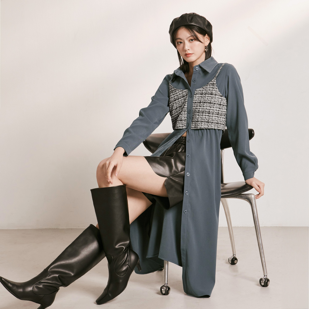 OB 假兩件襯衫領開襟小香風長連身裙 OBDA10223 FW24