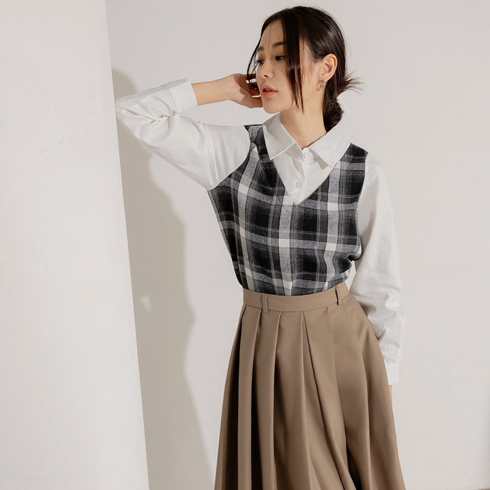 OB 假兩件內磨毛格紋襯衫上衣 OBAB19909 FW24