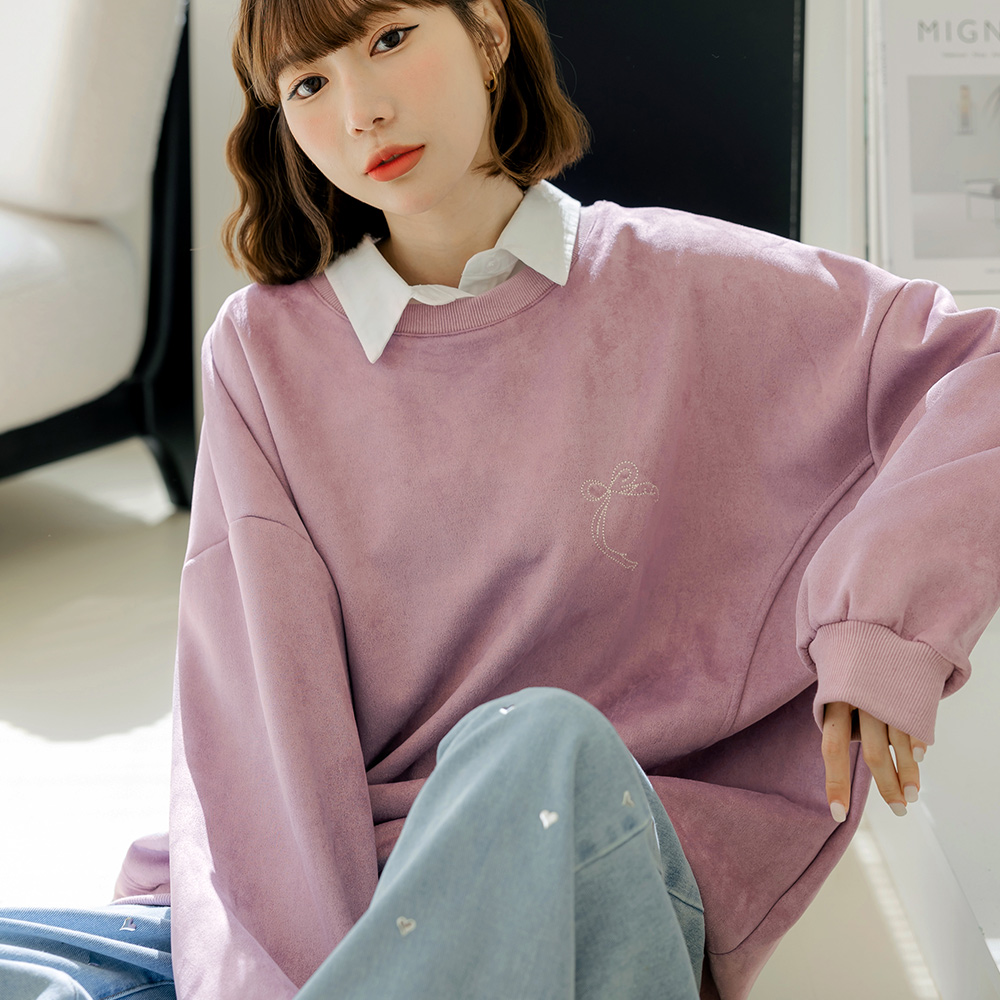 OB 率性麂皮絨蝴蝶結電繡寬版大學TEE/衛衣 OBAB19931 FW24