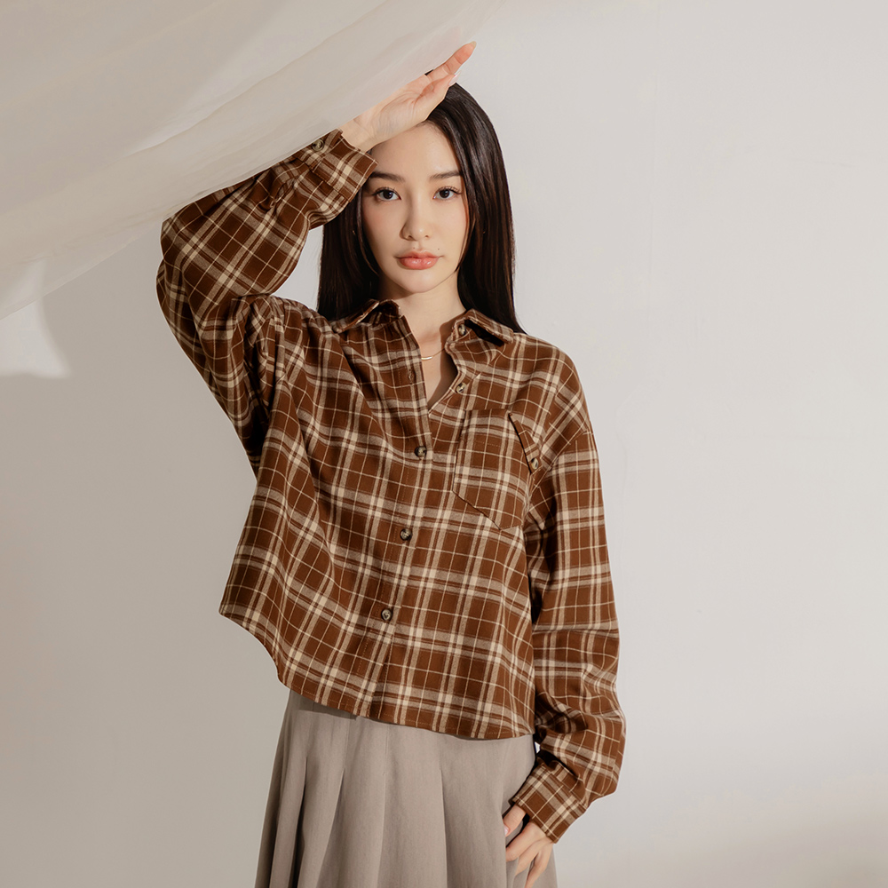 OB 毛織格紋造型口袋泡泡袖襯衫上衣 OBAB19915 FW24