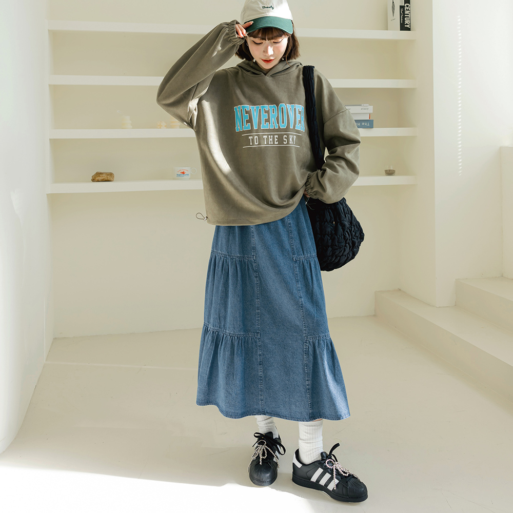 OB 純棉腰鬆緊抽皺拼接牛仔長裙 OBCA3045 FW24