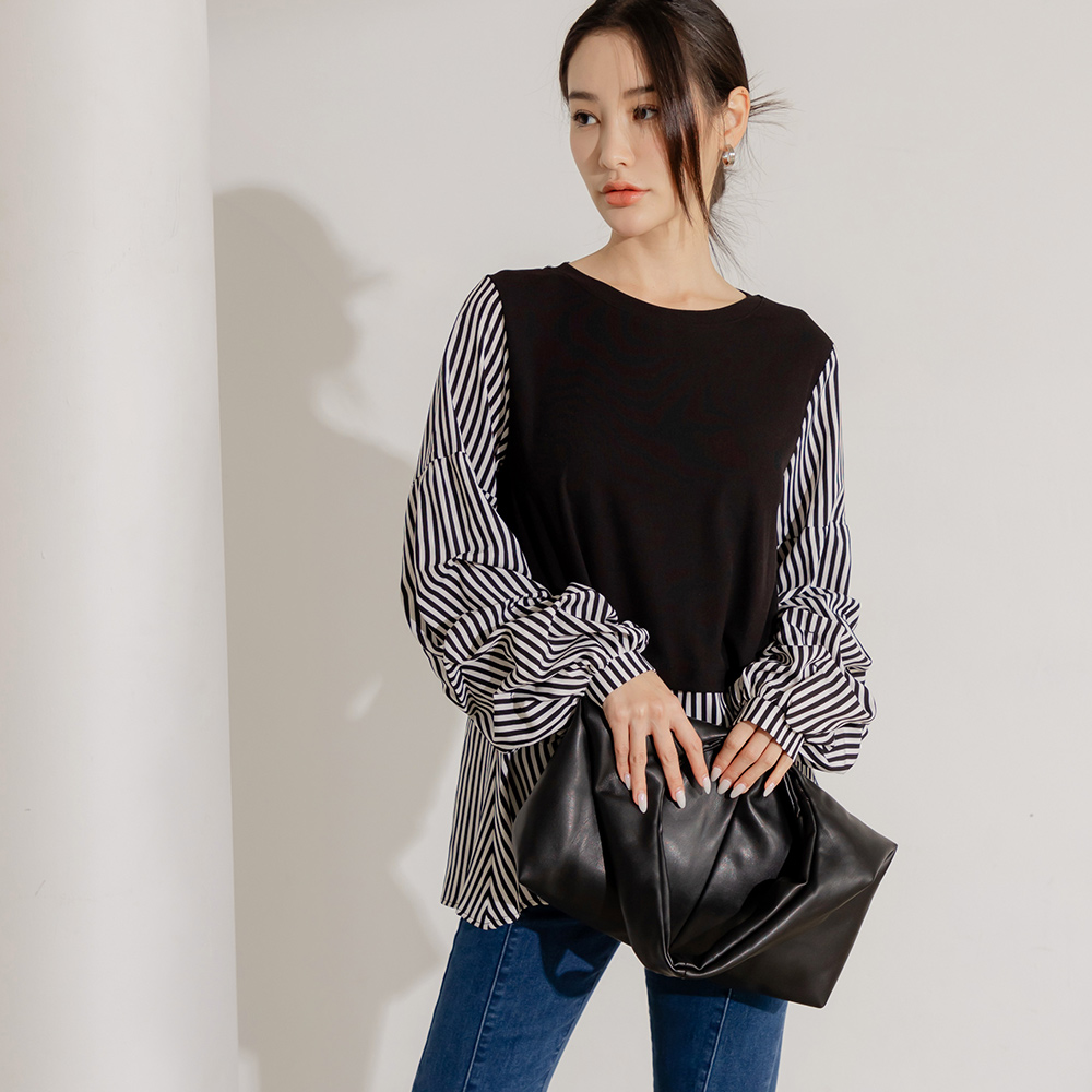 OB 假兩件條紋後綁帶抓褶長袖上衣 OBAB19925 FW24