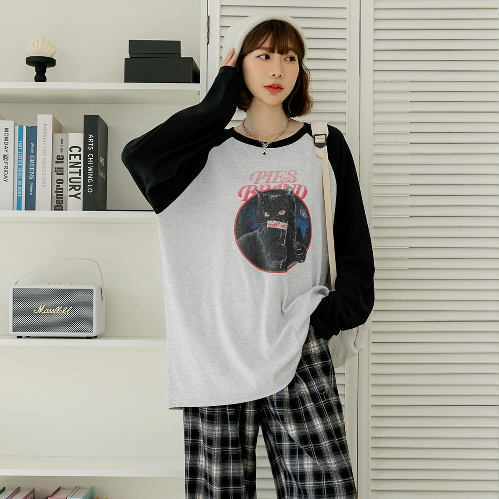 OB 保暖磨毛貓咪印花牛角袖長版上衣 OBAB19967 FW24