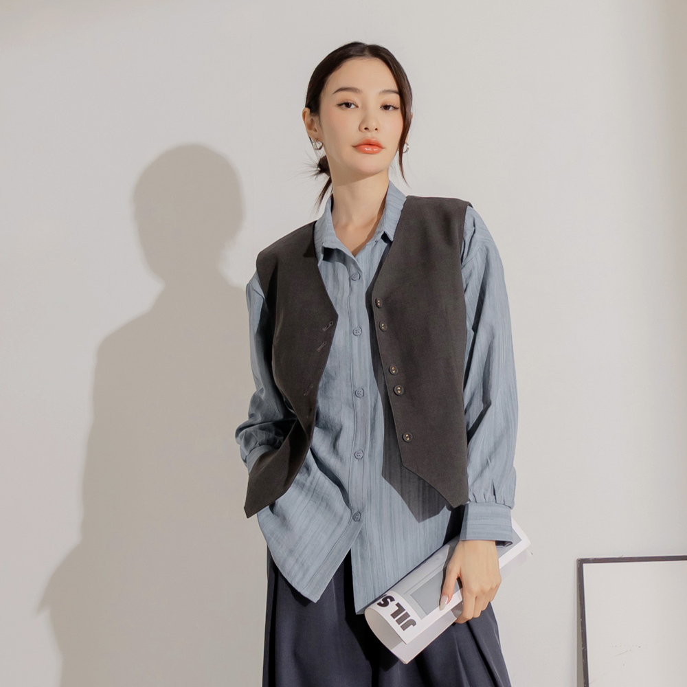 OB 絨面感條紋前短後長襯衫 OBAB19912 FW24