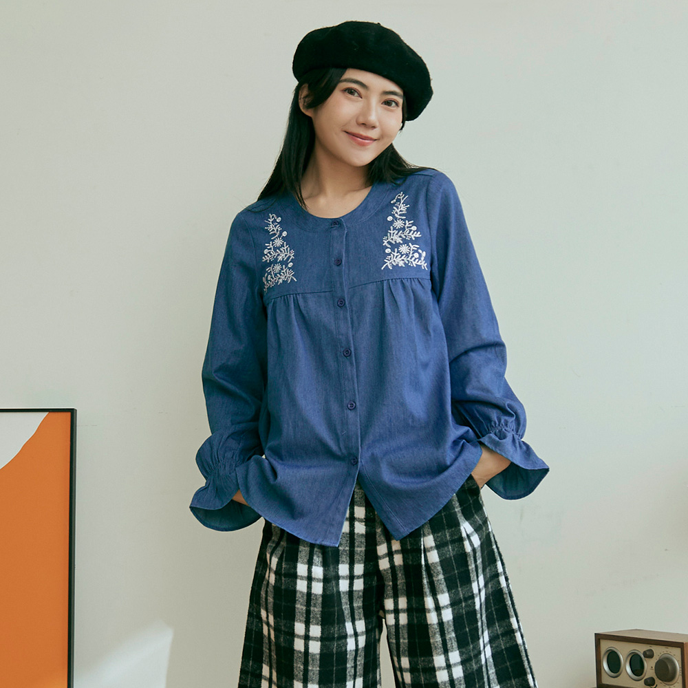OB 日系花卉刺繡荷葉袖牛仔襯衫上衣 OBAB19971 FW24