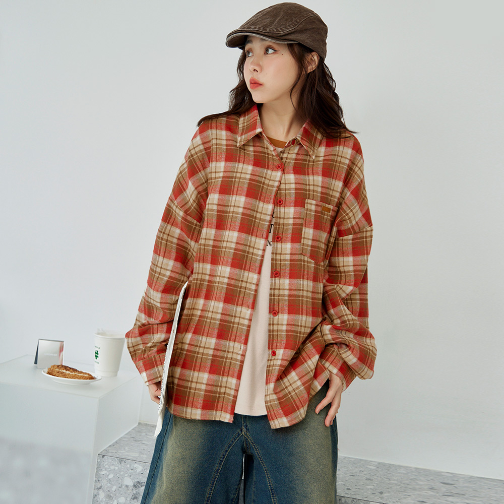 OB 長版美式復古格紋襯衫上衣 OBAB19957 FW24