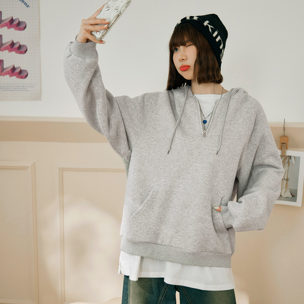 OB 寬版半門襟拉鍊皮標連帽上衣 OBAB19942 FW24