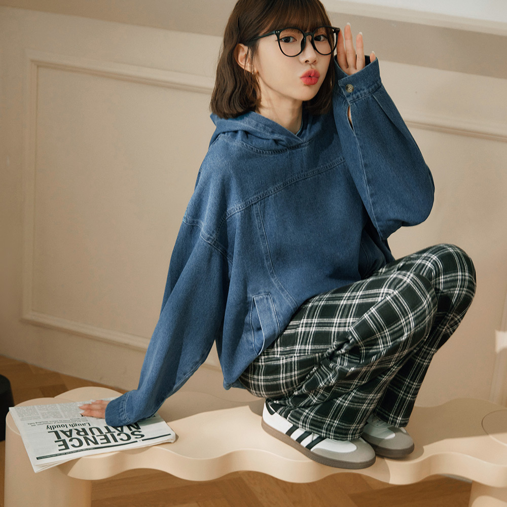 OB 純棉寬鬆剪裁長版牛仔連帽上衣 OBAB20013 FW24
