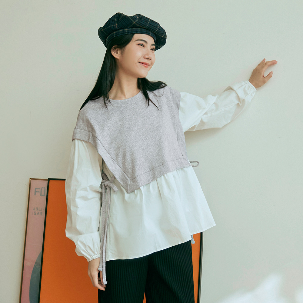 OB 日系純棉假兩件側綁帶落肩上衣 OBAB19921 FW24