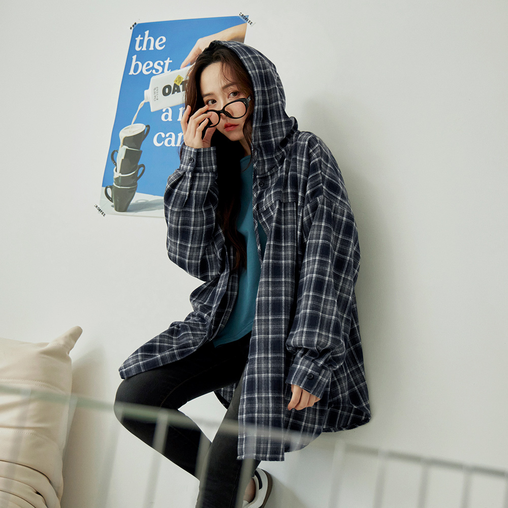 OB 長版雙色連帽格紋外套襯衫 OBEA3724 FW24
