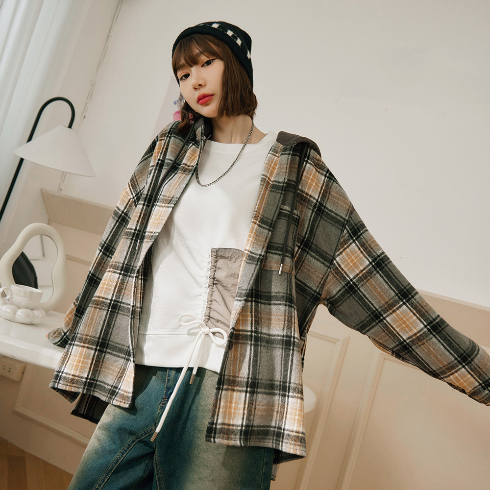 OB 保暖磨毛撞色格紋連帽外套 OBEA3741 FW24