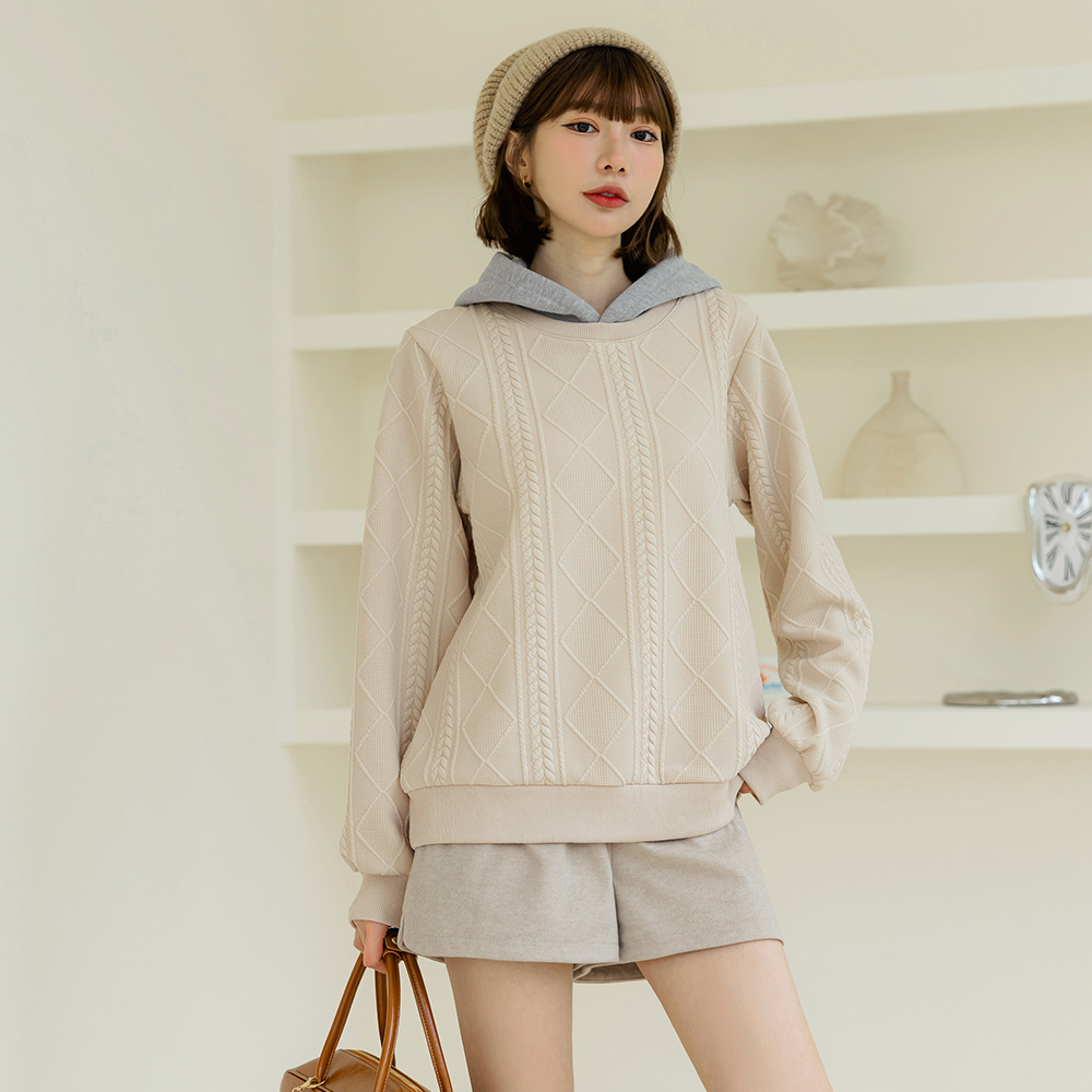 OB 假兩件麻花織紋拼接連帽上衣 OBAB8642 FW24