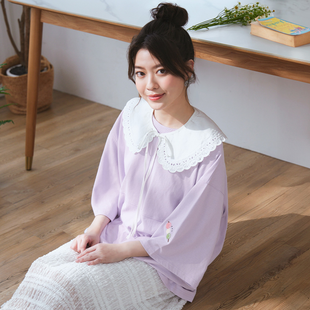 OB 日系純棉糰子刺繡七分袖寬鬆上衣 OBAB20033 SS25