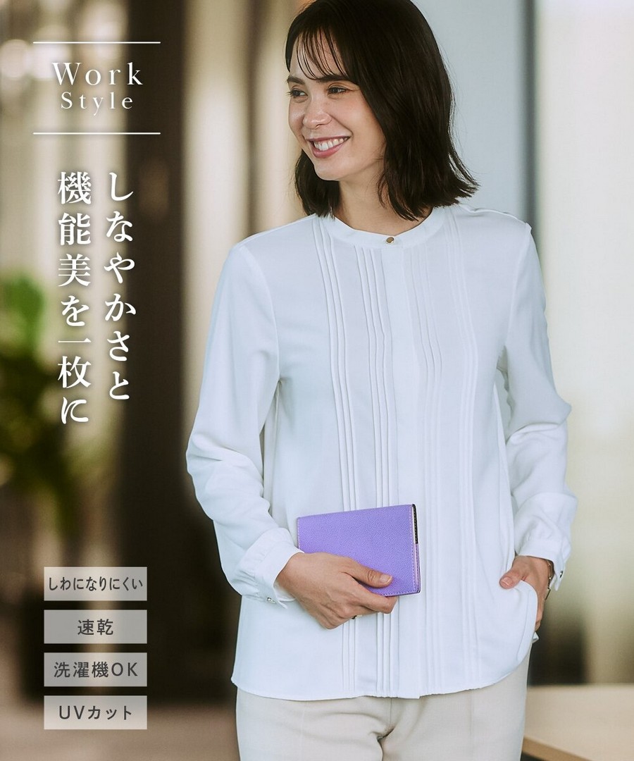 nissen 彈力緞面細褶襯衫(抗皺，速乾，可洗衣機洗，防紫外線) (日本女裝及大尺碼適用) NSCNG0225A0025 FW24
