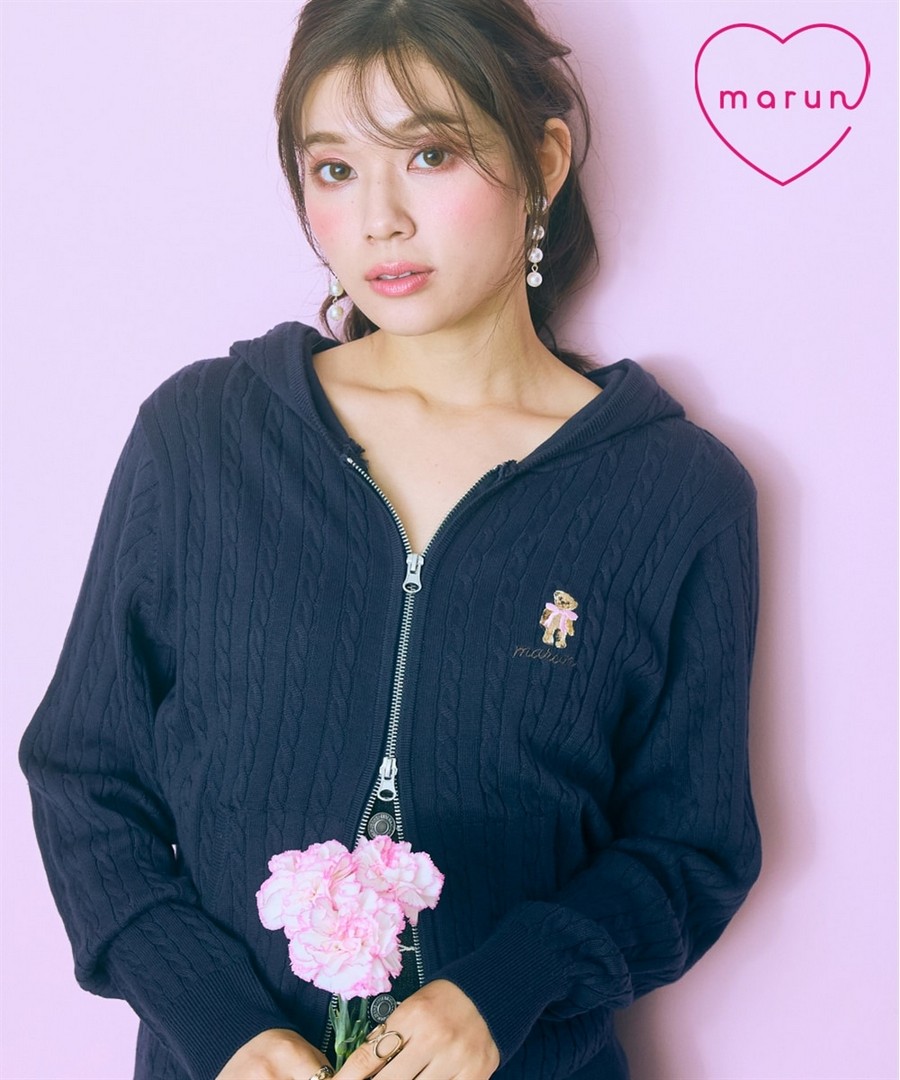 nissen 小熊刺繡絞花針織雙拉鏈連帽外套(marun) (日本女裝大尺碼) NSAWD0125A0017 FW24