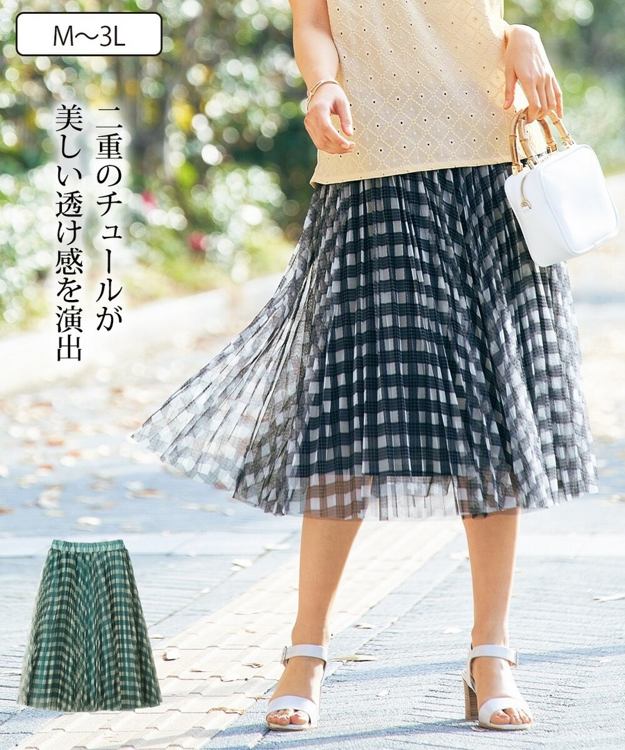nissen 透視格紋薄紗半截裙 (日本女裝大尺碼) NSBKX1724B0008 SS25