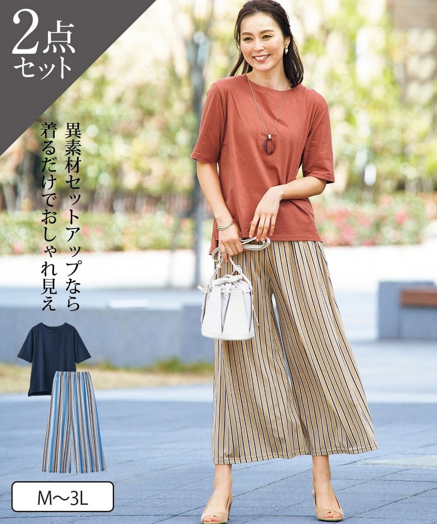 nissen 清爽搭配套裝(短袖上衣+寬腿褲) (日本女裝大尺碼) NSBSY0124B0010 SS25