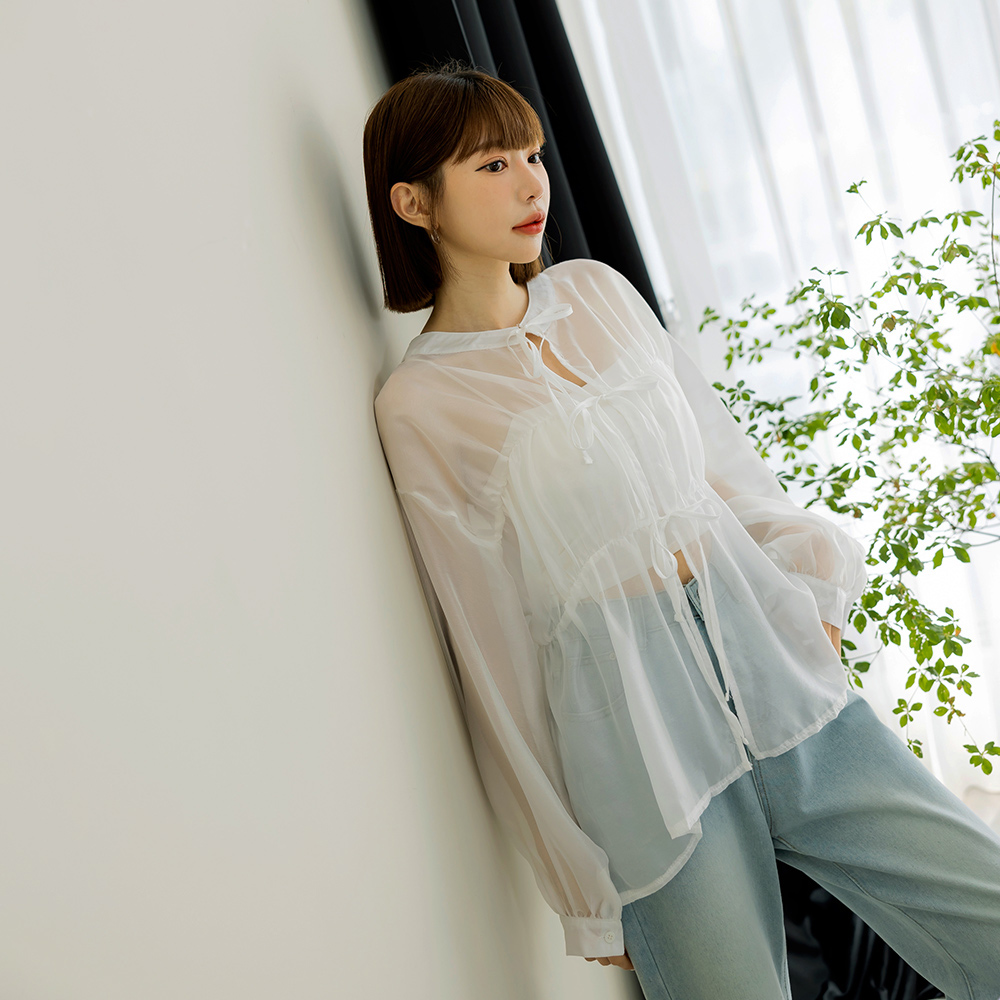 OB 絕美兩穿透膚蝴蝶結綁帶襯衫 OBAB20096 SS25