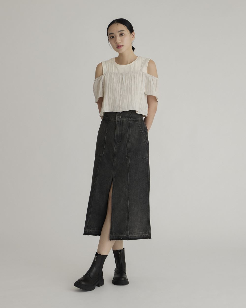 Vintage Washed Denim Pencil Skirt_0