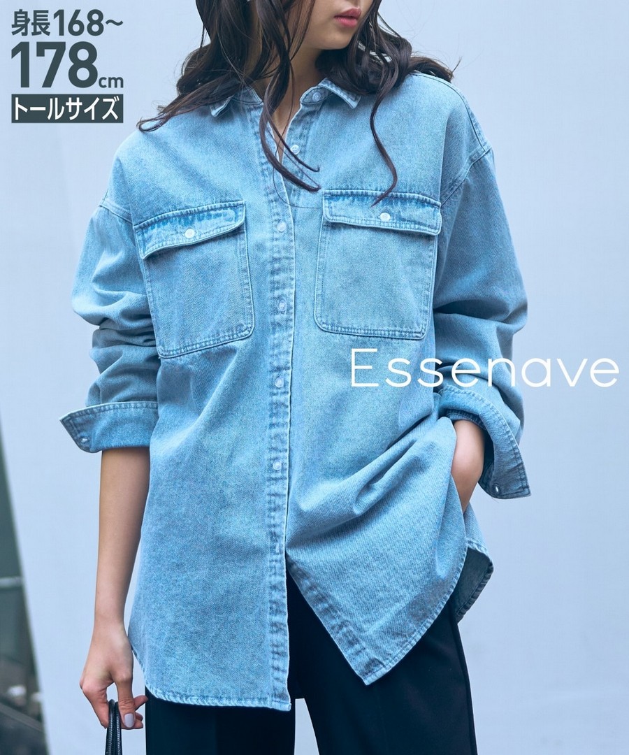 nissen [高挑尺寸]100%棉牛仔襯衫/外套(Essenave) (日本女裝大尺碼) NSVXA0125A0005 SS25