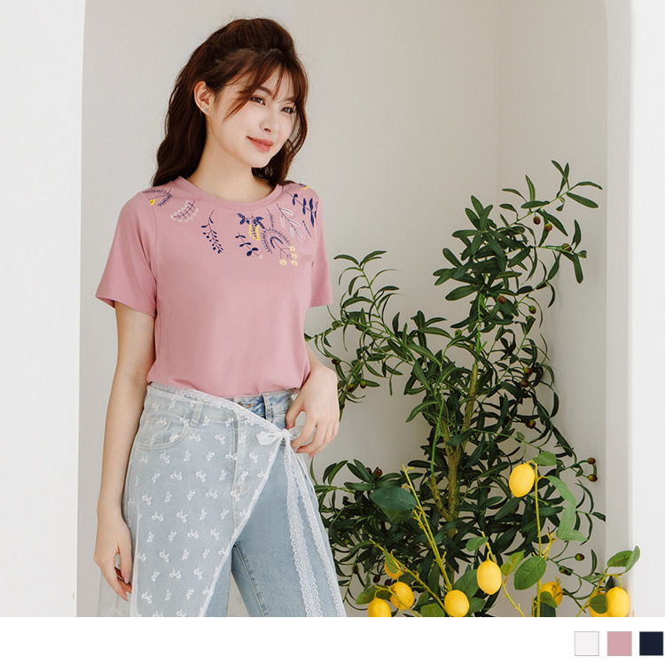 OB 繽紛迷人花草刺繡高含棉短袖Tee/上衣 OBAB12755 SS25