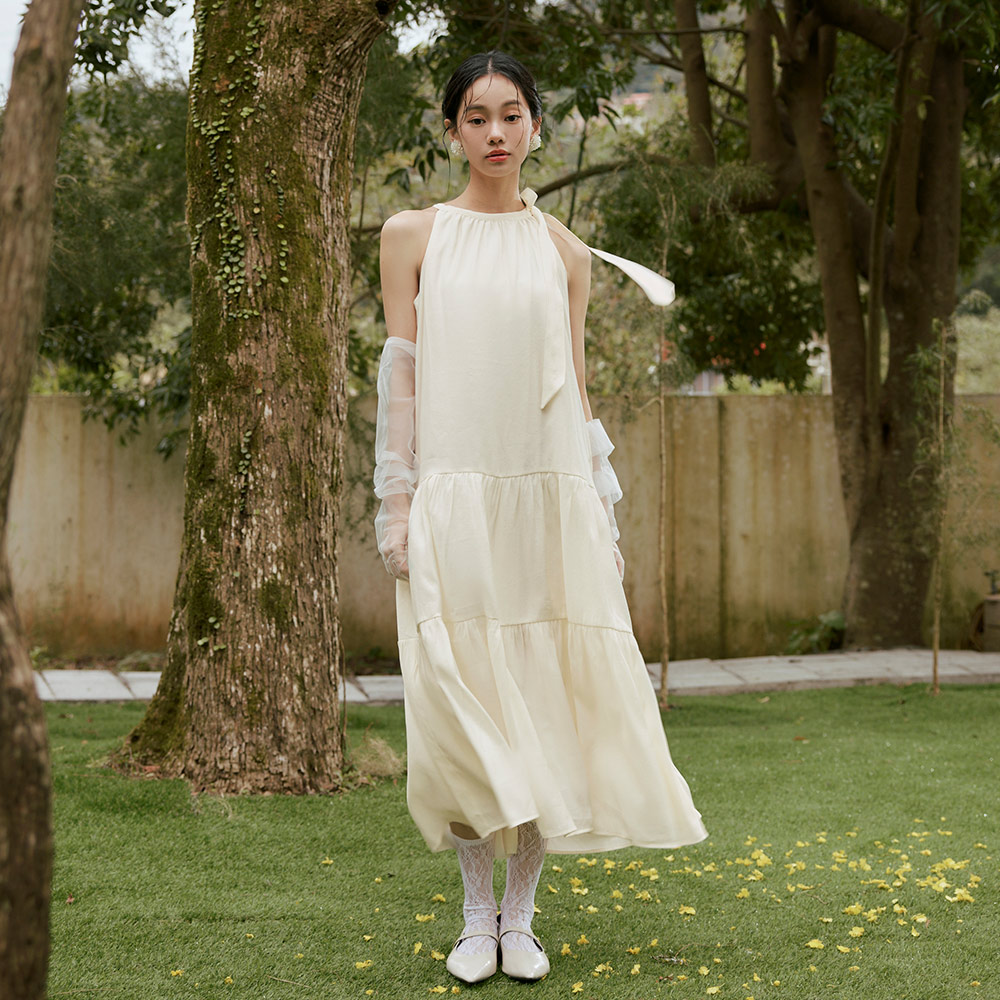 OB 側綁帶削肩層次蛋糕長連身裙 OBDA10318 SS25
