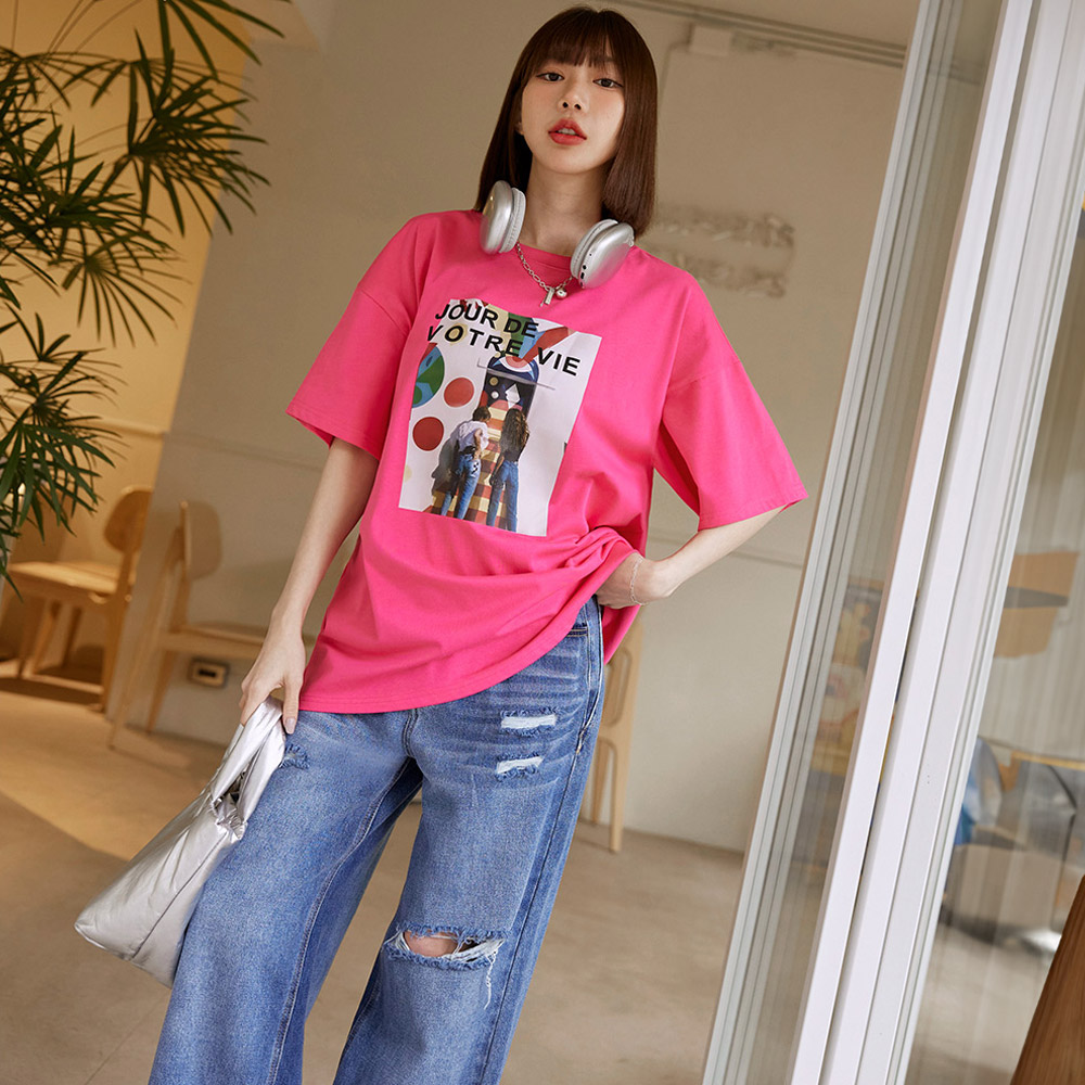 OB 美式復古印花寬鬆短袖上衣 OBAB20156 SS25