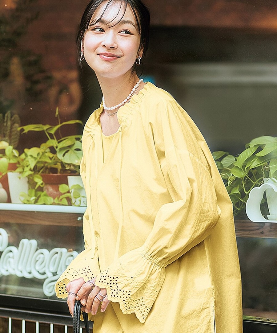 nissen 袖口花邊刺繡蕾絲褶邊領長款襯衫 (日本女裝及大尺碼適用) NSANW0225B0005 SS25