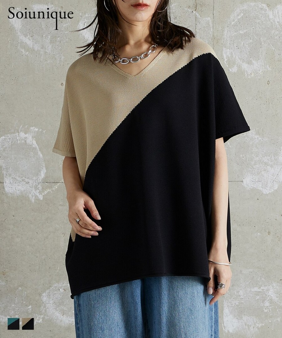 nissen 對角線配色寬鬆短袖針織上衣(Soiunique) (日本女裝及大尺碼適用) NSAFG0425B0002 SS25