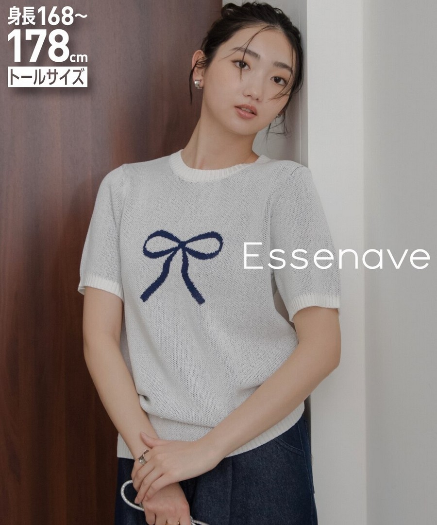 nissen [高挑尺寸]提花蝴蝶結圖案短袖針織上衣(Essenave) (日本女裝大尺碼) NSALC0225B0001