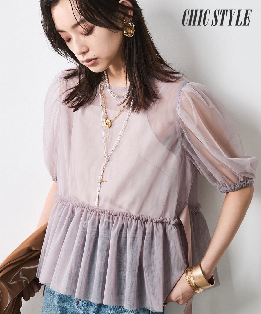 nissen 薄紗泡泡袖下擺褶皺寬鬆腰部綁結上衣(CHIC STYLE) (日本女裝大尺碼) NSAMR0125B0027 SS25