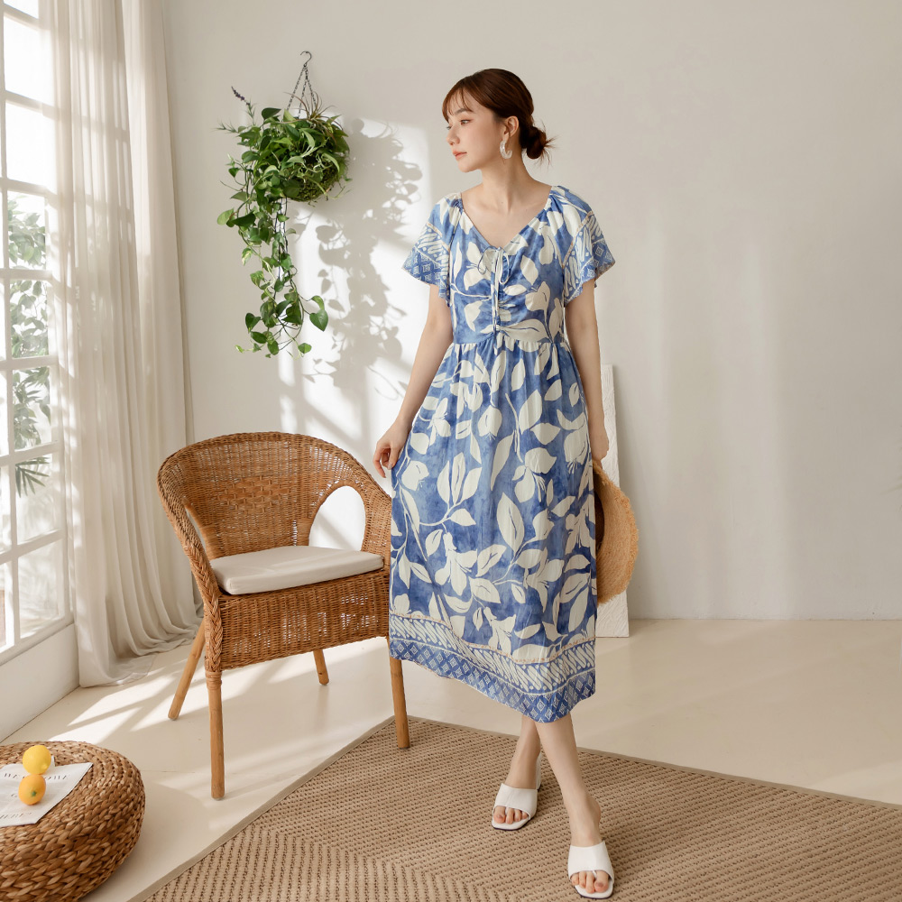 OB 度假感印花胸前抽繩抓皺傘袖連身裙 OBDA10418 SS25