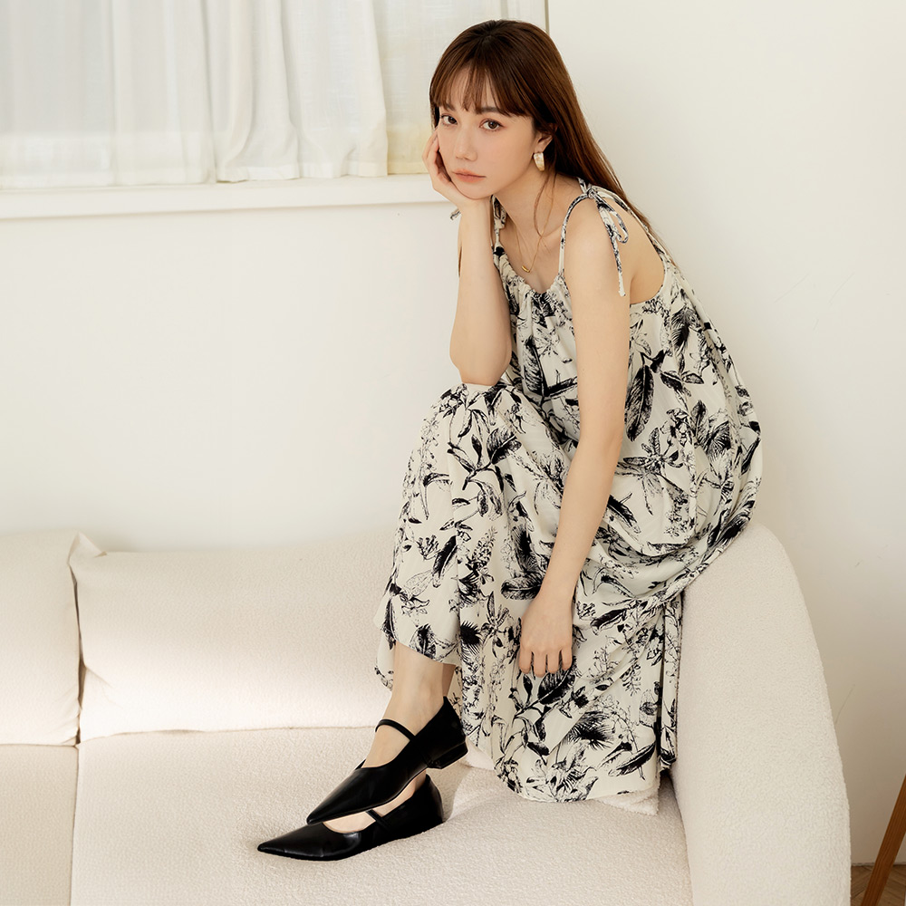 OB 度假風印花肩抽繩綁帶連身裙 OBDA10356 SS25