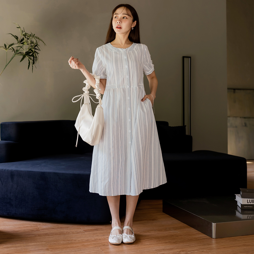 OB 直條紋圓領收腰短袖長連身裙 OBDA10409 SS25