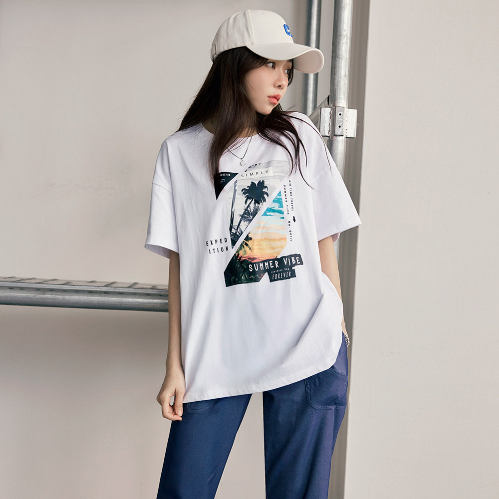 OB 夏日椰子樹印花純棉寬鬆短袖上衣 OBAB20287 SS25