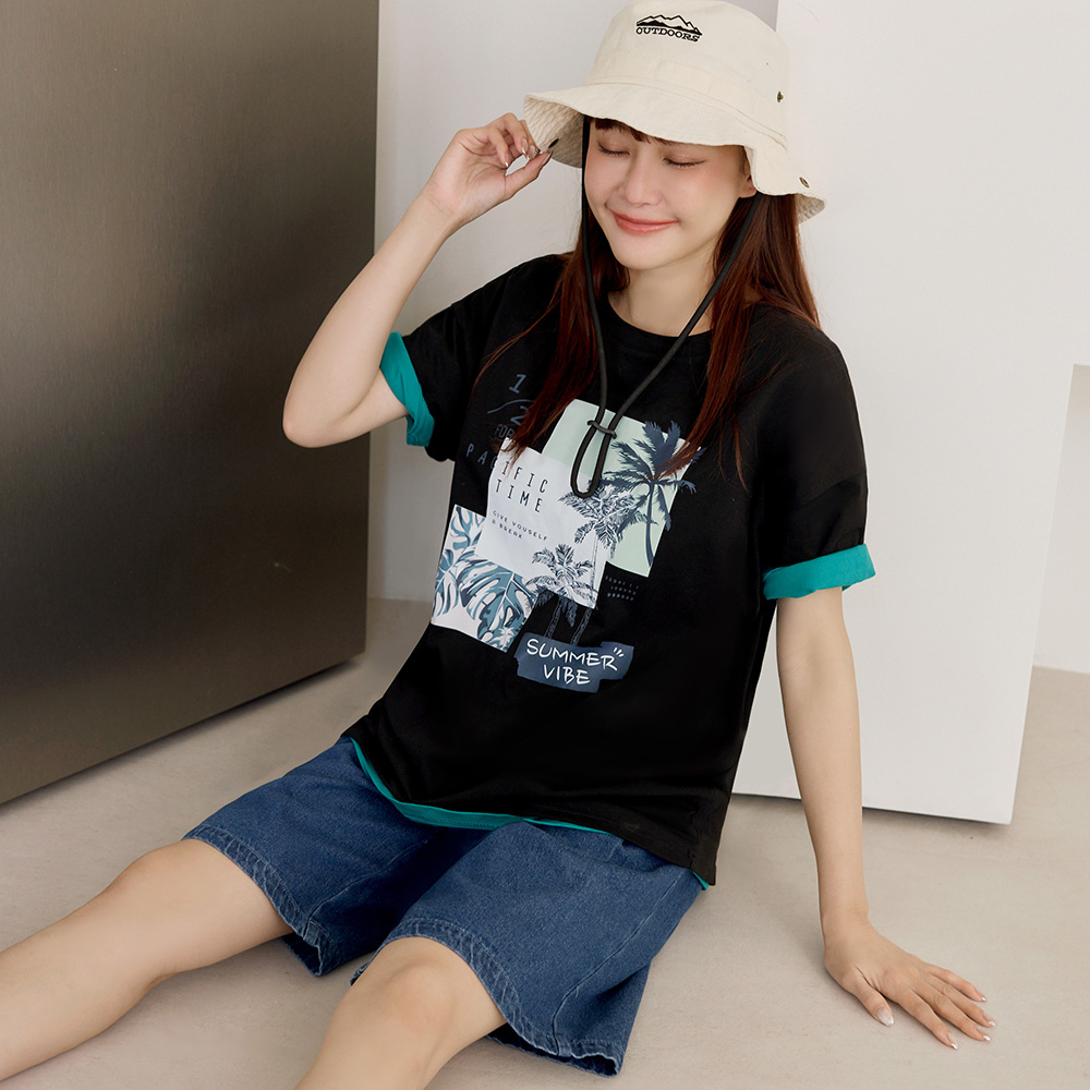 OB 純棉夏日風情印花寬鬆短袖上衣 OBAB20289 SS25