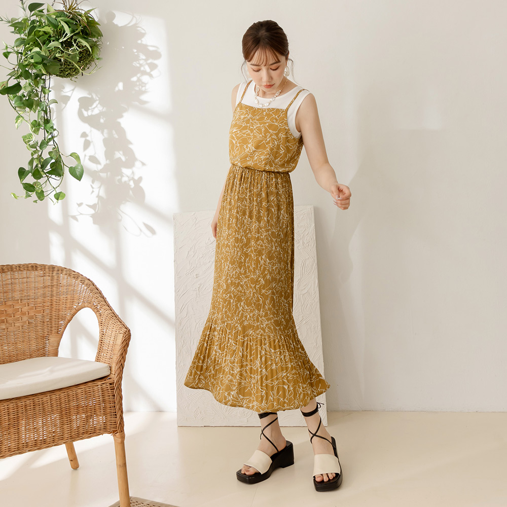 OB 假兩件碎花壓褶鬆緊腰背心連身裙 OBDA10412 SS25