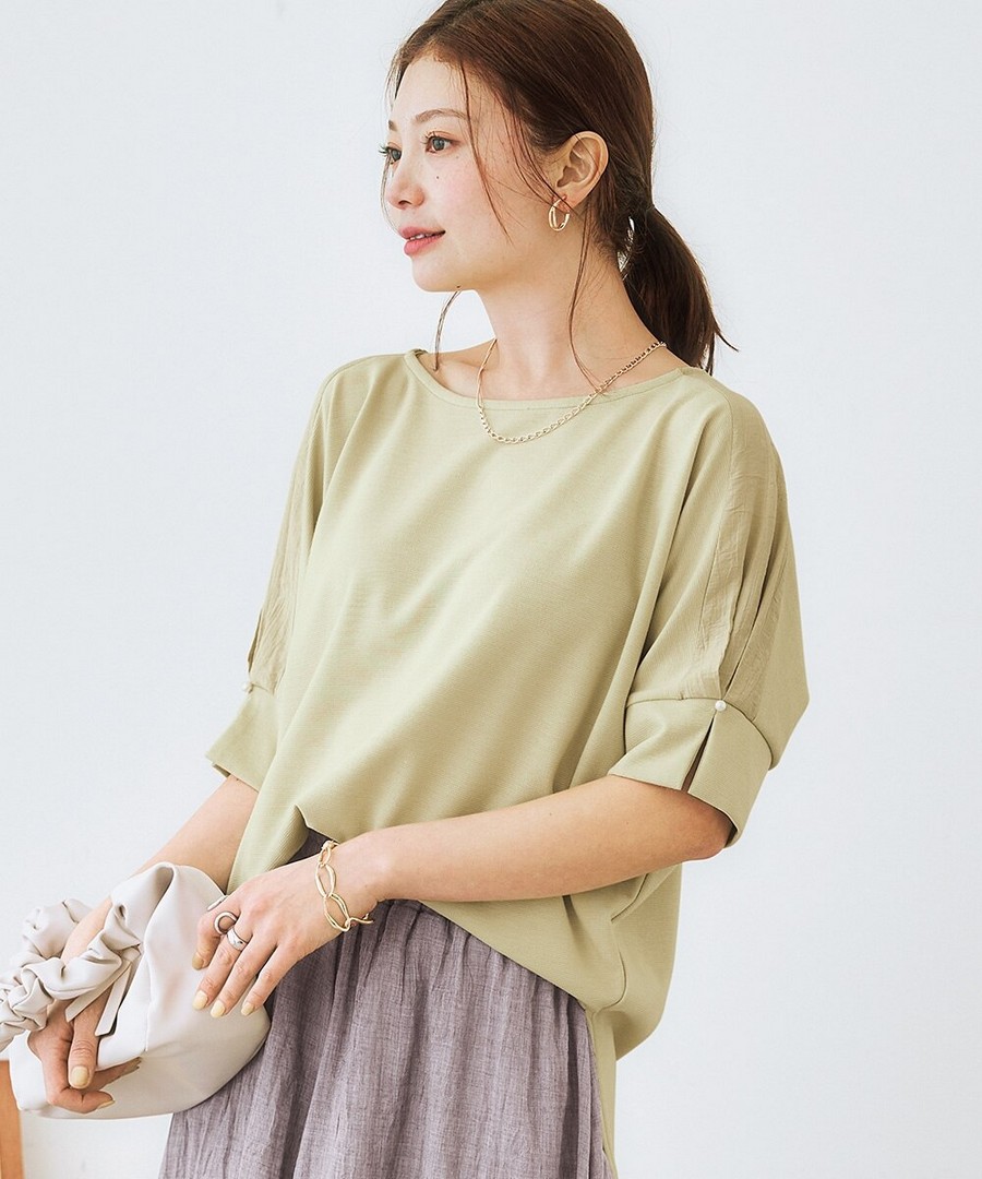nissen 異材質拼接袖口附珍珠扣短袖上衣 (日本女裝及大尺碼適用) NSAKR0225C0003 SS25