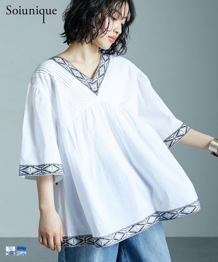 nissen V領民族風刺繡襯衫(Soiunique) (日本女裝及大尺碼適用) NSBLW0225B0001 SS25