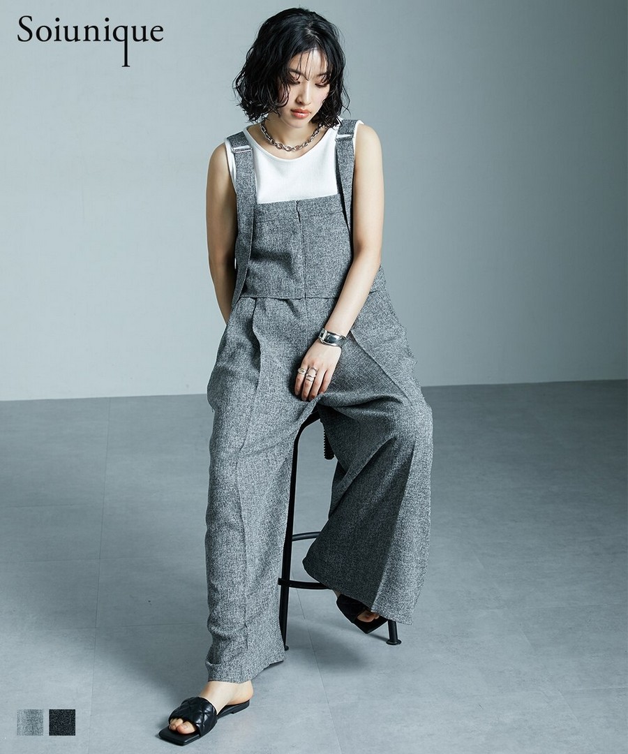 nissen 粗花呢材質垂褶背帶寬腿褲(Soiunique) (日本女裝) NSALC0125B0017 SS25