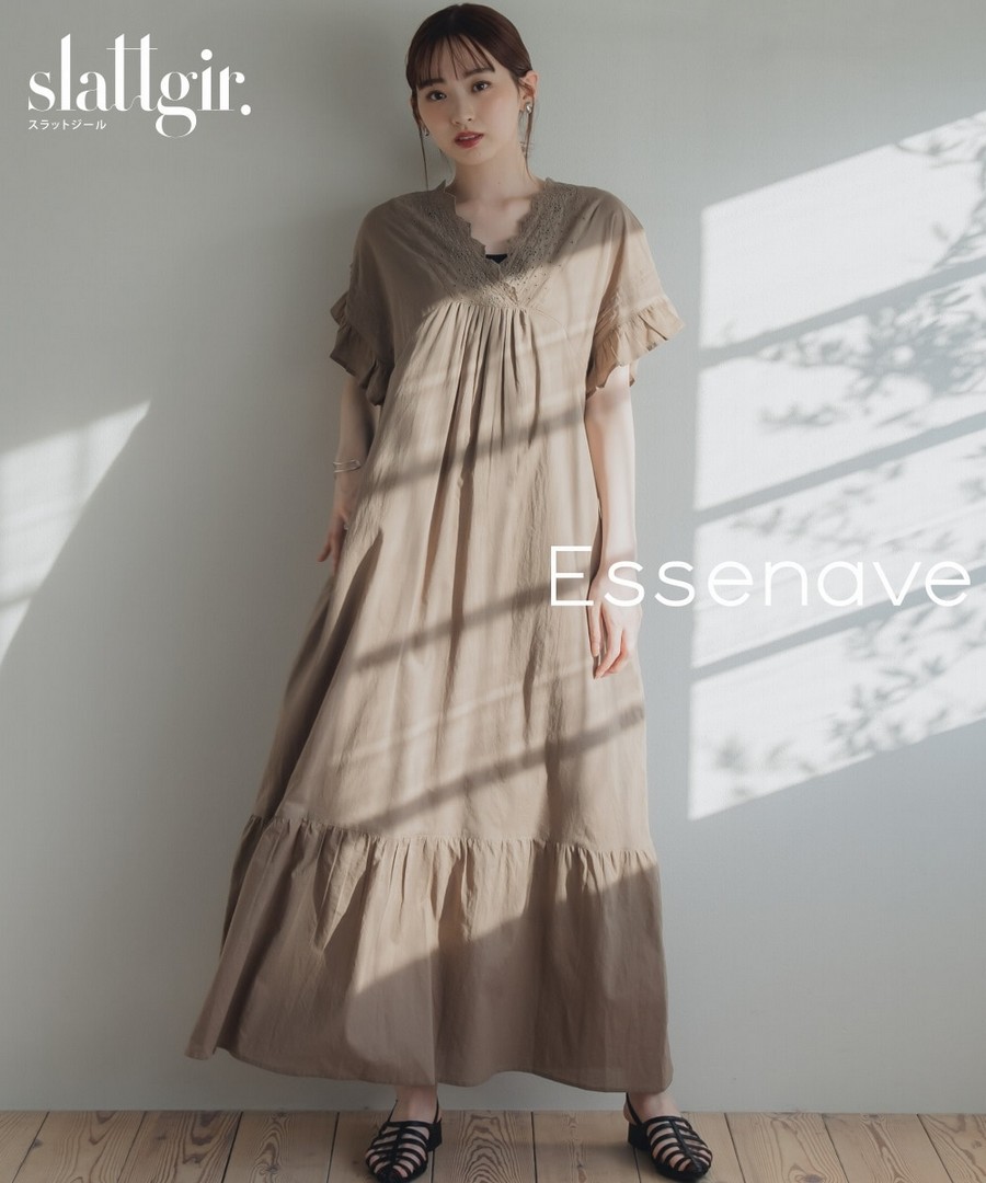 nissen [高挑尺寸]100%純棉領口刺繡打褶長連身裙(Essenave) (日本女裝大尺碼) NSBLW0225B0022 SS25