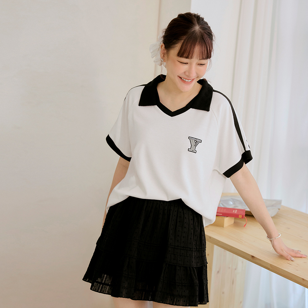 OB 美式撞色翻領POLO領刺繡短袖上衣 OBAB20391 SS25
