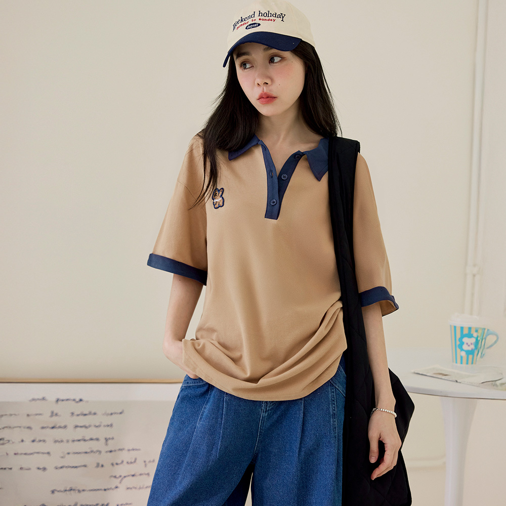 OB 純棉撞色POLO領小熊刺繡寬鬆短袖上衣 OBAB20335 SS25