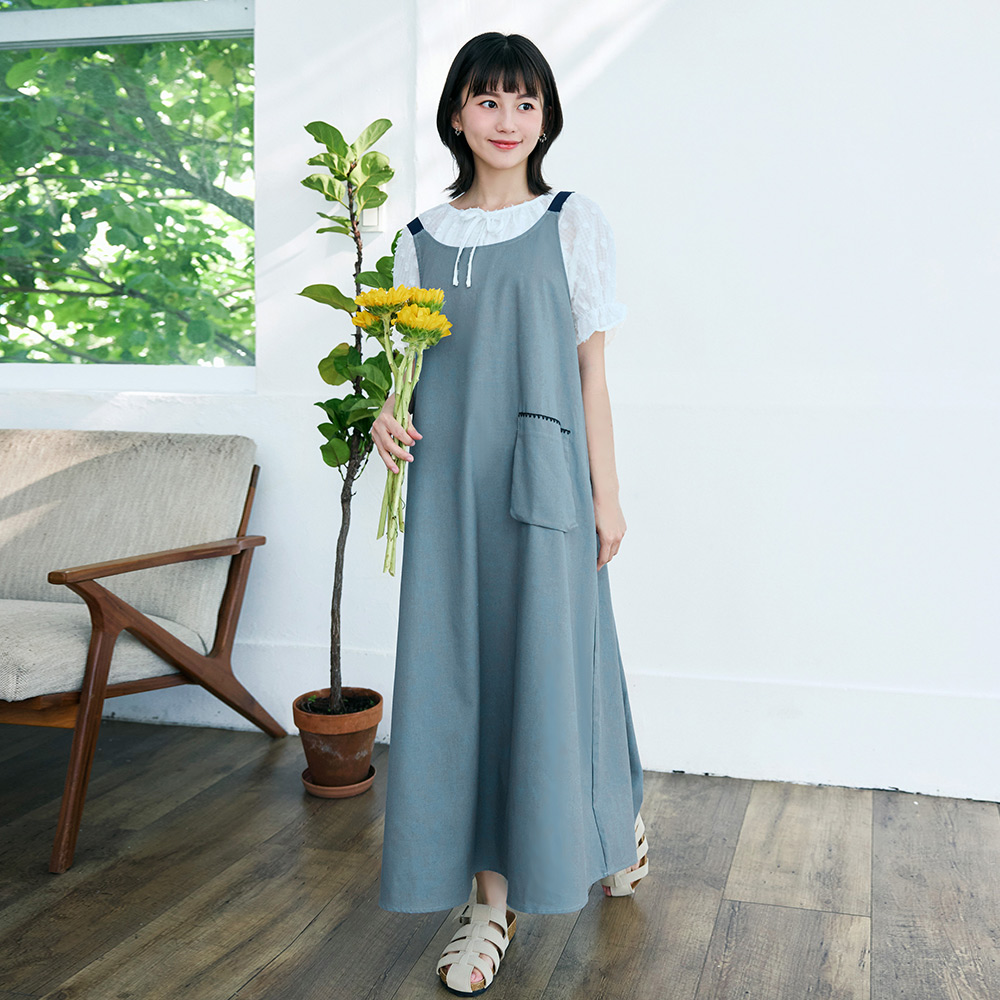 OB 日系棉麻配色拼接造型口袋吊帶連身裙 OBDA10455 SS25