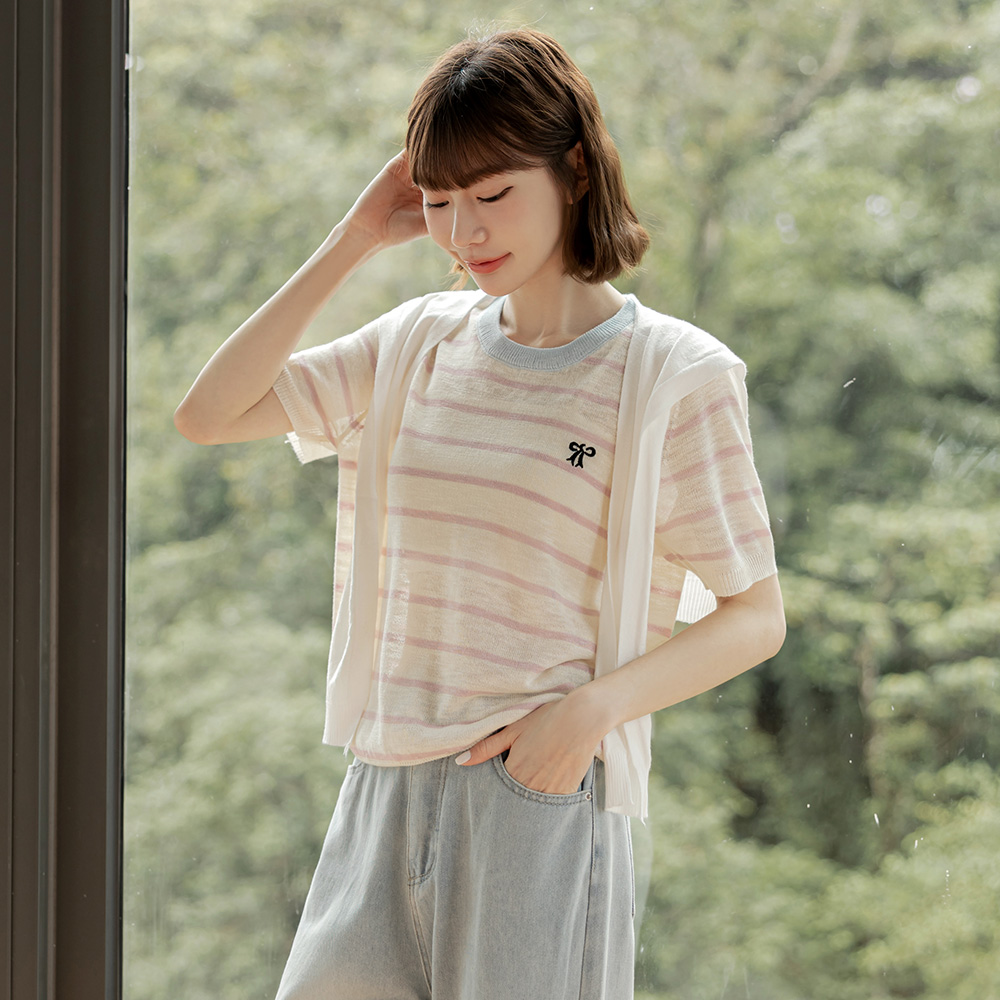 OB 配色條紋蝴蝶結刺繡針織上衣 OBFA3157 SS25